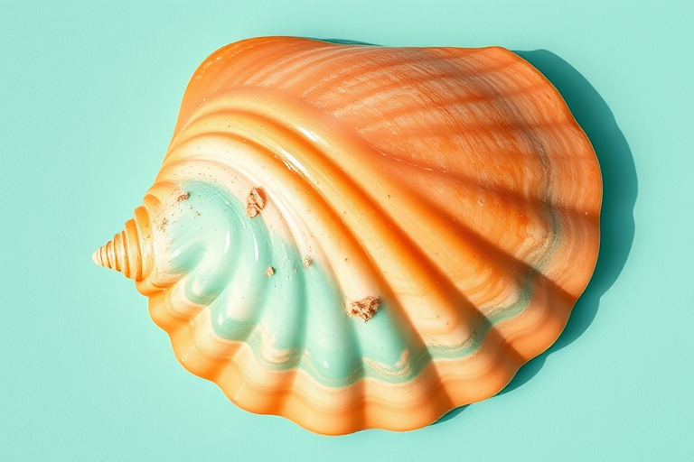 Create a vibrant illustration of a seashell with bold colors in orange, coral, mint green, and cream, using a Canon EOS R5 with a 50mm f/1.2 lens, shot at f/8, ISO 100, in bright daylight, top-down view, and high contrast to enhance the details and colors.