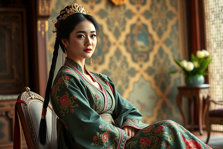 A beautiful Circassian woman in traditional East Asian attire, intricately detailed with embroidered patterns, sitting gracefully in a richly decorated room, soft ambient lighting, serene and elegant, ultra-realistic, 8K resolution