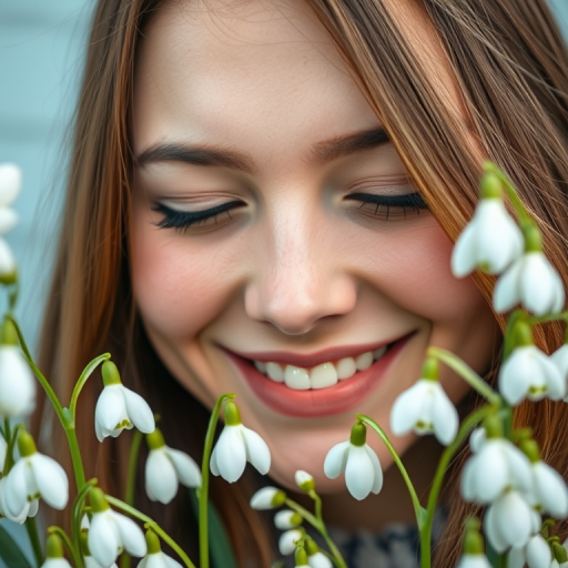 Create a close-up portrait of a person gently smiling, surrounded by snowdrop flowers, with a soft pastel background featuring light shades of blue and white, using a DSLR camera at f/2.8 for a shallow depth of field, ISO 100, and a 50mm lens, capturing natural light to enhance texture and detail.