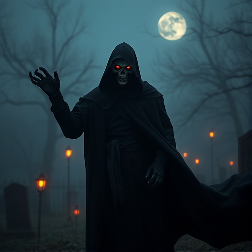 Create a high-resolution image of a menacing dark figure with a skull face and glowing red eyes, wearing a flowing black cloak, set in a foggy graveyard illuminated by eerie lanterns, captured with a Canon EOS R5, 24mm lens, f/2.8 aperture, ISO 400, under soft moonlight for dramatic shadows and depth.