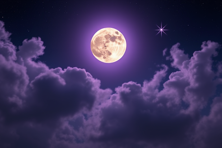 Create a dreamy night sky with a large, luminous full moon surrounded by soft clouds and a sparkling star in a purple hue, captured with a DSLR camera at f/2.8, ISO 100, 1/125s, panoramic view, using a wide-angle lens.