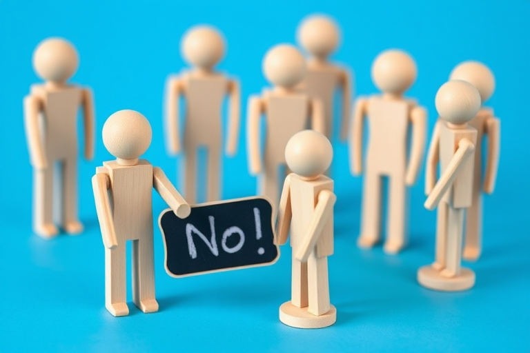 Create a high-resolution image of a group of wooden figurines on a bright blue background, one figurine holding a small chalkboard sign that says "No!", use a 50mm lens, aperture f/2.8, ISO 100, shutter speed 1/250s, in soft natural light, with a shallow depth of field for a focused look on the figurines.