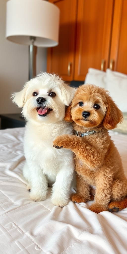 Two adorable small dogs sitting on a bed, one is fluffy white with a happy expression and the other is a cute brown poodle hugging the white dog, a lamp and wooden cabinets are in the background, bright and cozy atmosphere.