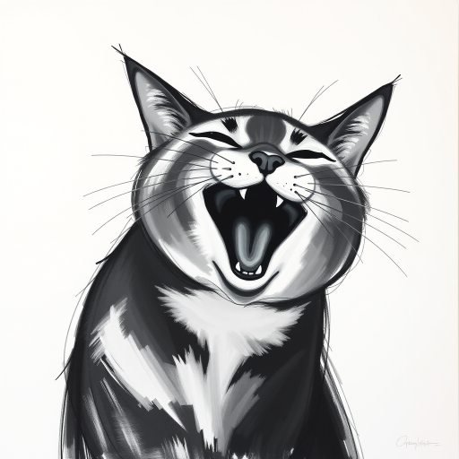 Abstract black and white acrylic portrait of an over exaggerated laughing (cat). Minimalism style. White background.