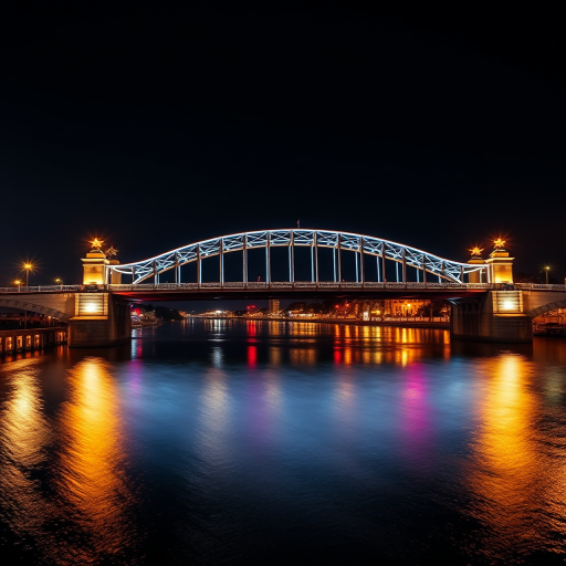A beautifully lit drawbridge at night with vibrant reflections on the water, captured using a DSLR camera, 24mm lens, f/8 aperture, ISO 100, 30-second exposure, neutral density filter, and slightly elevated angle for a panoramic view.