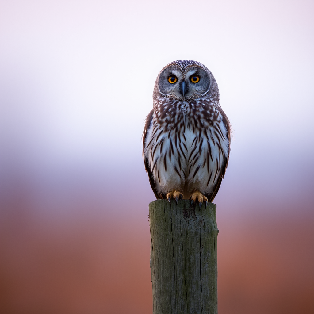 owling perched on a wooden post in a soft-focus natural background, sunrise lighting, sharp focus on the owl's details, ISO 200, aperture f/4, shutter speed 1/250s, DSLR camera, 85mm lens, natural light photography