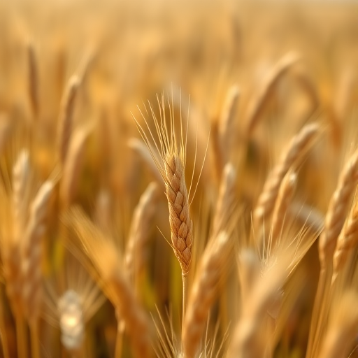 Capture a close-up of golden wheat fields with shallow depth of field, aperture f/2.8, ISO 100, 50mm lens, soft natural light, and a slightly angled view to highlight the texture and color variations in the foreground.