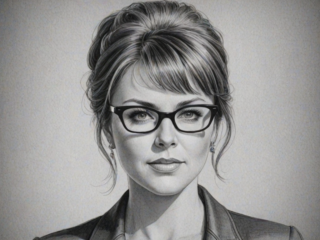 Delightful Amanda Tapping, pencil sketch, portrait of Elegant woman 1959s in glasses, hair style beatnik, outline, clear lines, fine lines, 8k