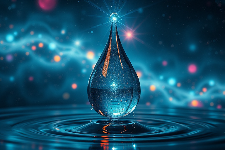 Create a surreal digital artwork featuring a large, glistening water droplet suspended in the cosmos with colorful cosmic elements and light trails emanating from a central point, captured with a Canon EOS R5, 24mm lens, f/8 aperture, ISO 100, shooting from a wide-angle perspective to enhance depth and clarity.