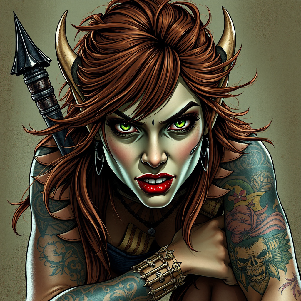 grunge, full body view, action pose, masterpiece, high detail, sharp, detailed, vivid colours, sharp, Orc Woman, (((green eyes, lipstick, brown hair, two-tone hair, long hair, messy hair, ))), cute face, beautiful girl, beautiful eyes, perfect face, piercings, tattoo, arm tattoo, leg tattoo, piercing, tattoos, tattoo, arm tattoo, back tattoo, gritty art in the style of Gustav Dore, Frank Frazetta, and Beksinski