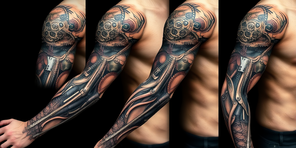 Biomechanical sleeve tattoo blending organic and mechanical elements, featuring exposed gears, pistons, and circuitry seamlessly integrated with muscle tissue and tendons for a futuristic cyborg appearance
