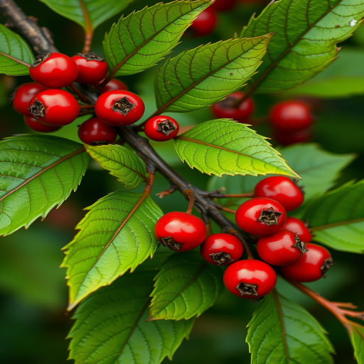 Generate a detailed illustration of a leafy branch with vibrant green leaves and bright red berries, captured with a macro lens at f/2.8, ISO 100, 1/200s, using a DSLR camera in a natural light setting to enhance color saturation and texture clarity.