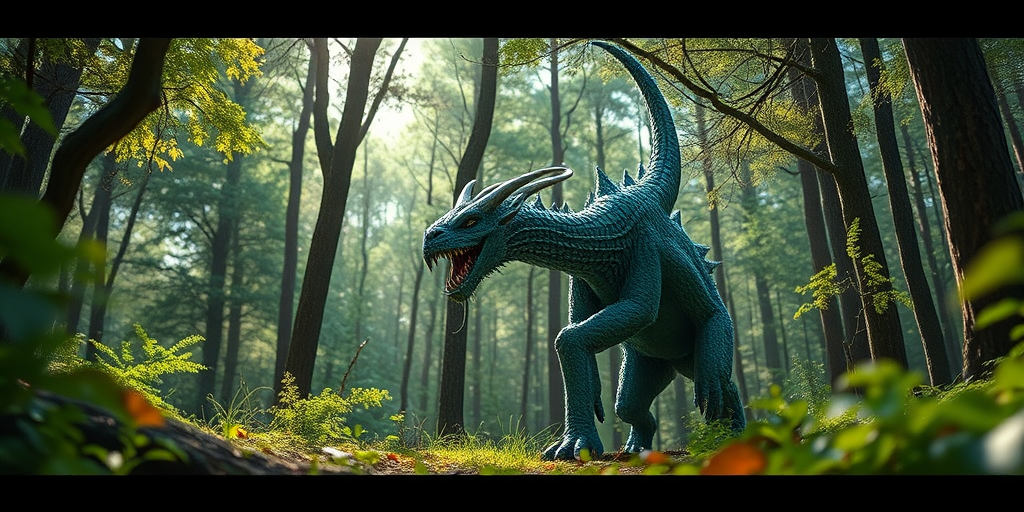 Create an intricate, high-resolution digital illustration of a mythical creature in a lush forest setting, using a Canon EOS R5 with a 24-70mm f/2.8 lens, ISO 100, aperture f/4.0, shutter speed 1/125s, shot from a low angle for depth and dramatic lighting.