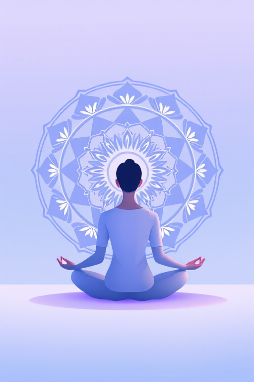 Create a serene illustration of a meditative figure sitting in front of a circular mandala, with smooth gradients of blue and lavender, high resolution 300 DPI, shot with a Canon EOS R5, 35mm lens, f/4 aperture, soft focus effect to enhance tranquility.