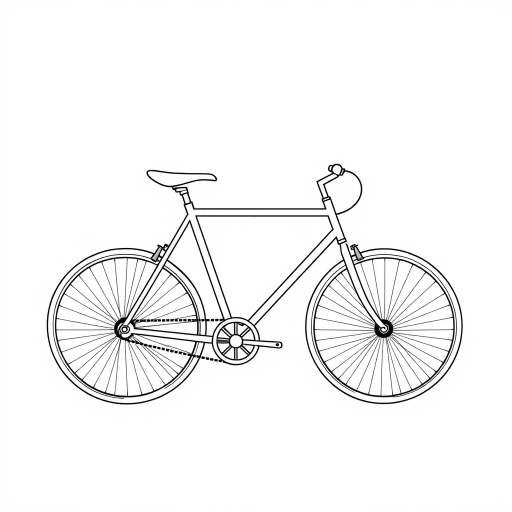 Create a high-resolution image of a simple bicycle outline with clear, defined lines and no background, using a DSLR camera with a 50mm lens, aperture set to f/2.8, ISO 100, with a side view perspective and minimalistic style.