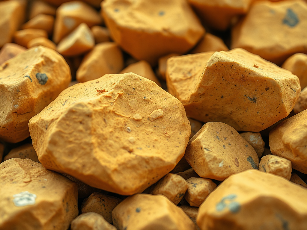 regenerate an image of several yellow rocks, close-up view, focused, use DSLR camera settings with an aperture of f/8, ISO 100, and 50mm lens, high-quality illustration style