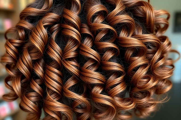 Luscious chocolate brown curls dubbed "Cocoa Ringlets" bouncing with natural volume and shine, enhanced by caramel balayage highlights and defined spiral patterns