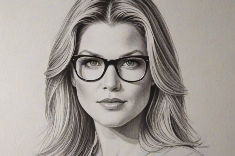 Beauteous Ali Larter, pencil sketch, portrait of Lovely woman 1979s in glasses, hair style beatnik, outline, clear lines, fine lines, 8k