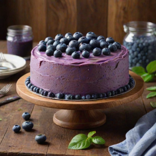 Create an image of a round cake with a smooth purple frosting, decorated with fresh blueberries and green leaves on top. The cake is placed on a wooden stand, with a rustic table setting in the background.