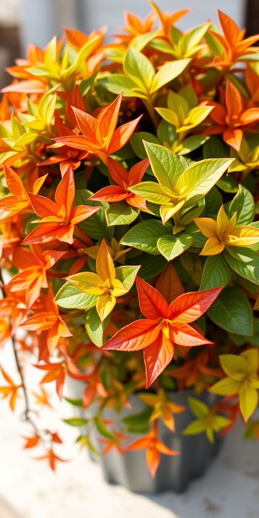 A lush, vibrant potted plant with a variety of green, orange, and red leaves, captured in natural light with a shallow depth of field, 50mm lens at f/2.8, ISO 100, shot from a slightly elevated angle to emphasize the foliage texture and color contrast.