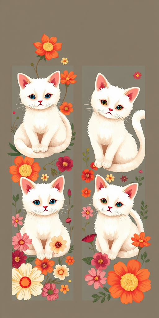 Create a digital illustration of four abstract bookmarks featuring cute white cats surrounded by vibrant floral designs, with a warm color palette; use a Canon EOS R6 camera with a 50mm f/1.2 lens, aperture set to f/2.8, ISO 100, and a shallow depth of field to accentuate details and enhance image quality.