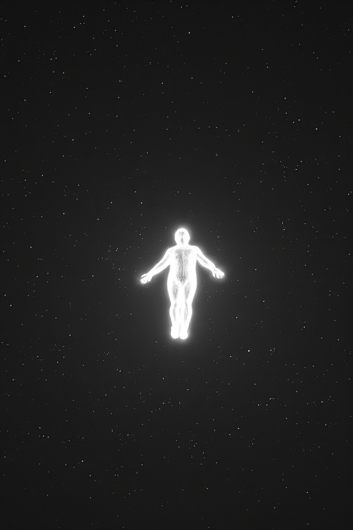 Create a high-contrast monochrome image of a glowing figure floating in space, using a Canon EOS R5 with a 50mm f/1.2 lens, aperture set to f/2.8, ISO 100, with a focus on the figure and a deep field of stars in the background.