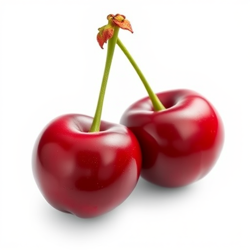 Create a high-resolution vector image of a pair of cherries, using a soft-focus setting with a 50mm lens, aperture f/2.8, ISO 100, under natural soft lighting to enhance the colors and details, in a minimalistic style on a white background.