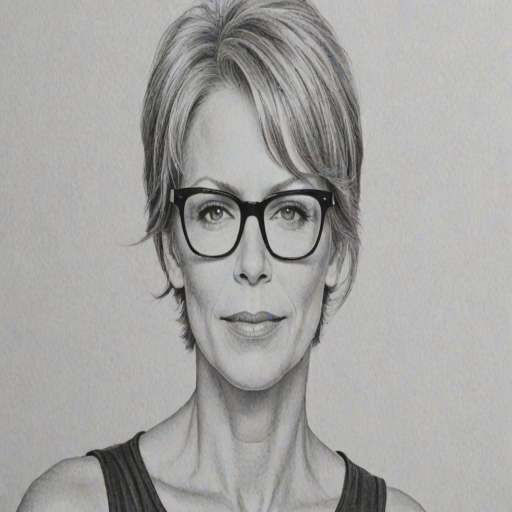 Lovely Jamie Lee Curtis, pencil sketch, portrait of Radiant woman 1971s in glasses, hair style beatnik, outline, clear lines, fine lines, 8k