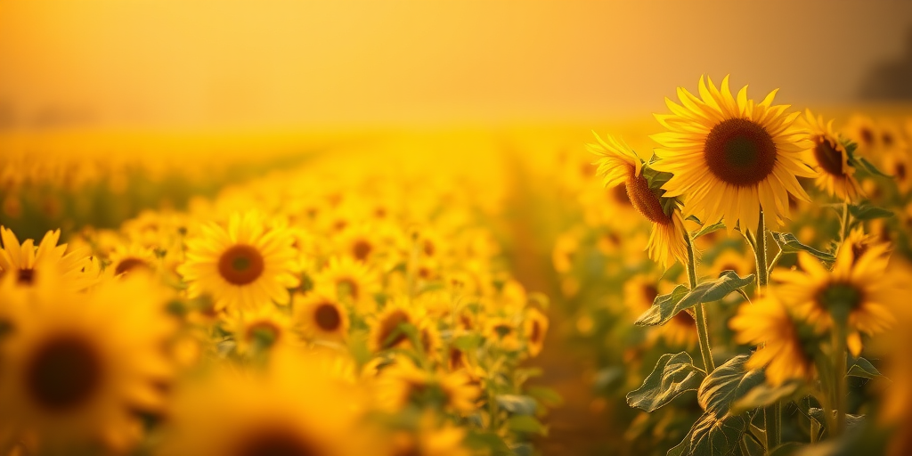 Soft-focus image of a sunflower field stretching toward the horizon, soft golden light creating a warm glow and a gentle breeze making the flowers sway.