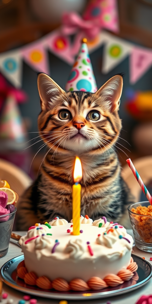 A cute cat wearing a birthday hat sitting at a table with a birthday cake featuring a candle on it surrounded by colorful food decorations and a festive atmosphere