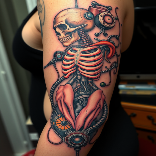 Surrealist biomechanical tattoo called "Organic Odyssey" merging anatomical structures with mechanical components in a mind-bending fusion of flesh and machine