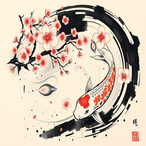 Japanese-inspired brush stroke tattoo depicting a serene koi pond with cherry blossoms, combining traditional sumi-e techniques with modern abstract elements for a unique fusion style