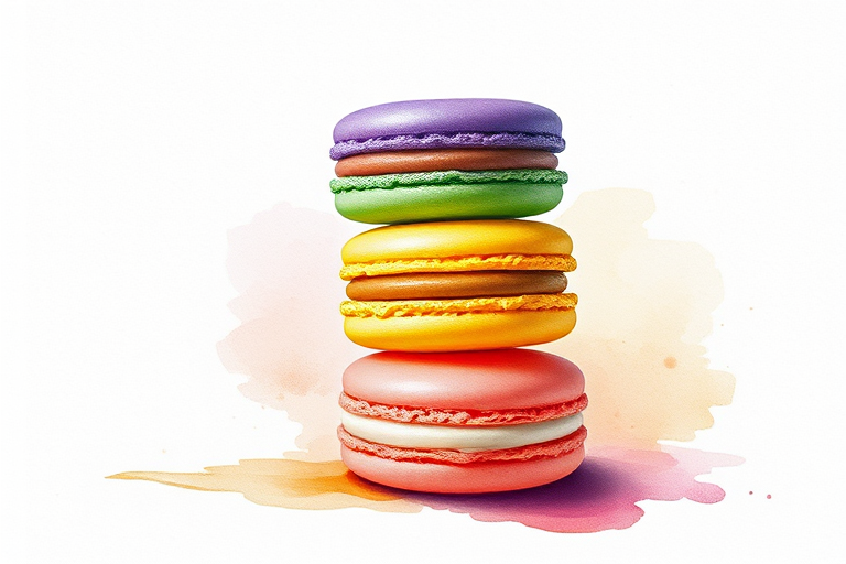 Create a watercolor illustration of a stack of five colorful macarons (purple, green, yellow, orange, pink) on a light textured background with soft splashes of watercolor, using a Canon EOS R6 with a 50mm f/1.8 lens at f/4, ISO 100, and a soft-focus effect to enhance the artistic details.