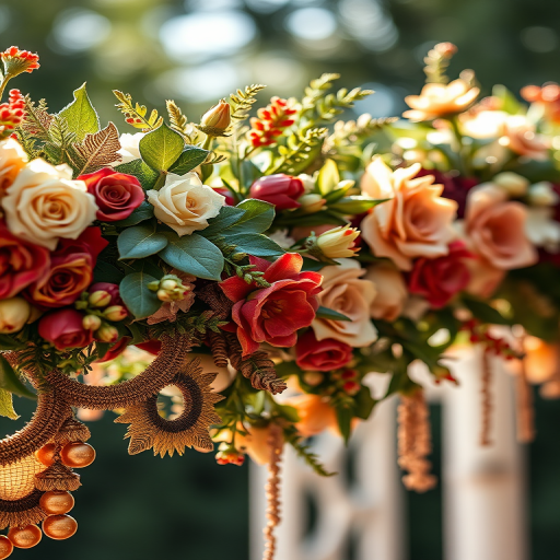 Regenerate an ornate decorative garland with floral elements, captured with a Canon EOS R5, 50mm lens, aperture f/2.8, ISO 100, in natural light, showing intricate details and textures with a soft bokeh background.