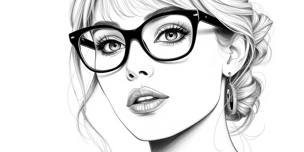 Beautiful Margot Robbie, pencil sketch, portrait of beautiful woman 60s in glasses, hair style beatnik, outline, clear lines, fine lines, 8k