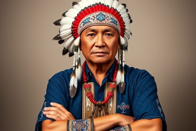 Create a dignified portrait of a Native American man dressed in traditional attire. He wears a beautifully crafted headdress adorned with white feathers and red beads, along with a beaded headband featuring intricate patterns. His clothing includes a deep blue, patterned shirt and a traditional chest piece with detailed beadwork. His arms are crossed, displaying leather armbands decorated with feathers. The background is simple and neutral, emphasizing his proud and stoic expression. The overall image captures the rich cultural heritage and strength of his persona.