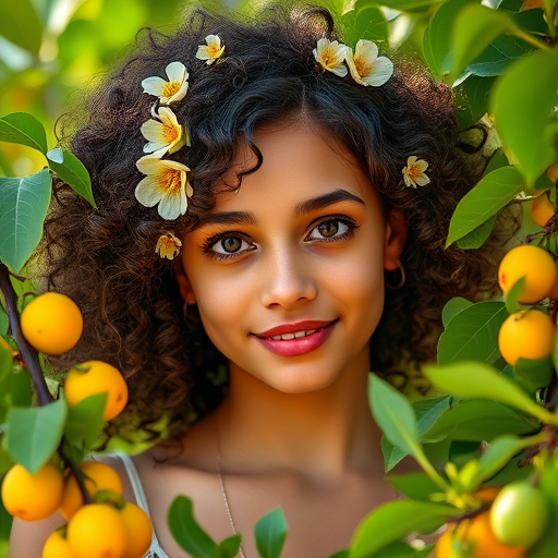 portrait of a young woman with curly hair adorned with flowers, surrounded by vibrant greenery and fruits, natural lighting, soft focus, 85mm lens, f/1.8 aperture, ISO 100, taken with a DSLR camera, high resolution, shallow depth of field
