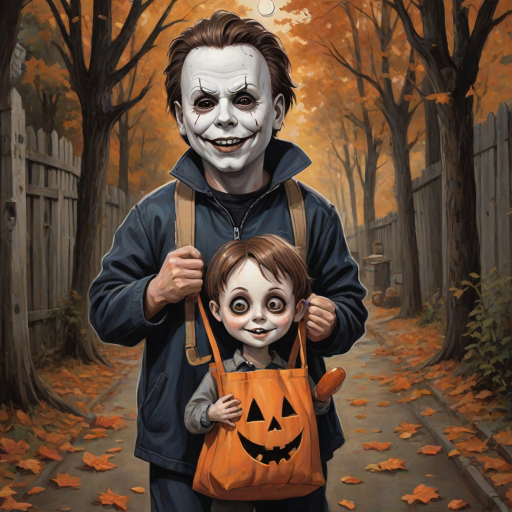 A whimsical caricature of a child version of Michael Myers, grinning mischievously. He is held by the hand of an unrecognizable person (only their hand visible), while holding a bag labeled 'Trick or Treat.' His facial expression is playful yet slightly menacing, reflecting his iconic figure. The scene is in portrait format with a Halloween theme, featuring exaggerated cartoon details like big eyes, a small body, and a creepy yet light-hearted tone.