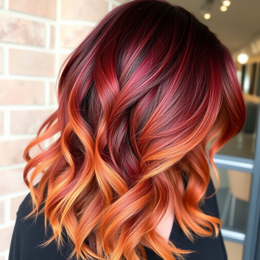 Stunning hair style featuring a vibrant ombre effect transitioning from deep burgundy roots to fiery copper tips with loose beachy waves cascading down the shoulders