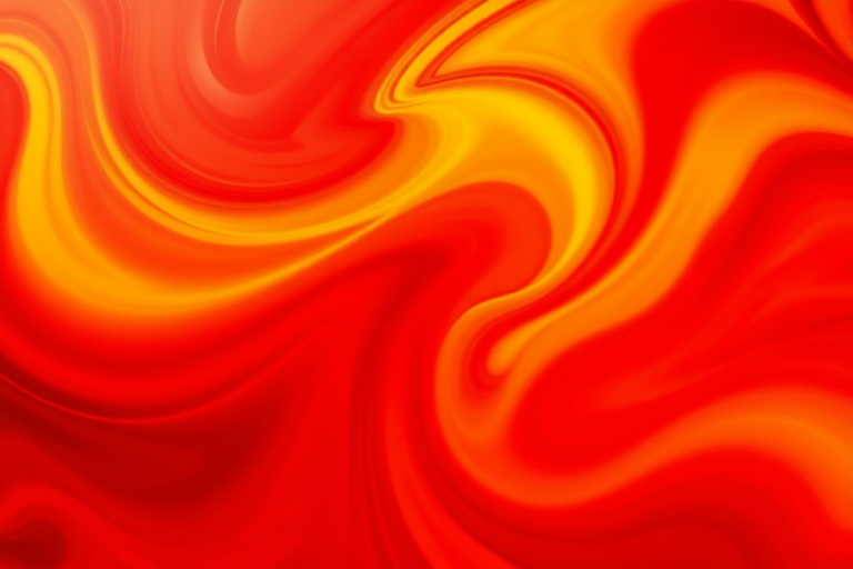 Create an abstract image featuring swirling patterns in vibrant shades of red and yellow with smooth gradients, using a DSLR camera with a 50mm lens at f/2.8, ISO 100, and a focus on depth of field, captured from a high-angle perspective.