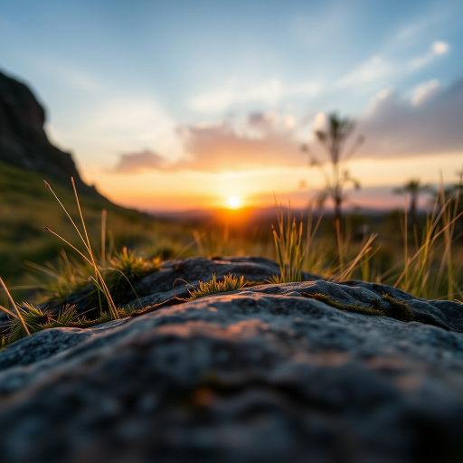 Capture a high-resolution close-up of a serene landscape at sunrise, ISO 100, f/8 aperture, 1/200 sec shutter speed, wide-angle lens, DSLR camera, natural light.