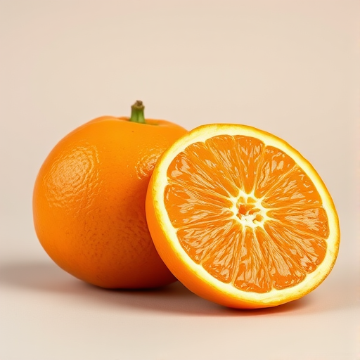 Generate a high-resolution image of a whole orange next to a halved orange, using a DSLR camera with a 50mm lens, aperture set to f/2.8, ISO 100, and a shallow depth of field to emphasize texture and color vibrancy against a neutral background.