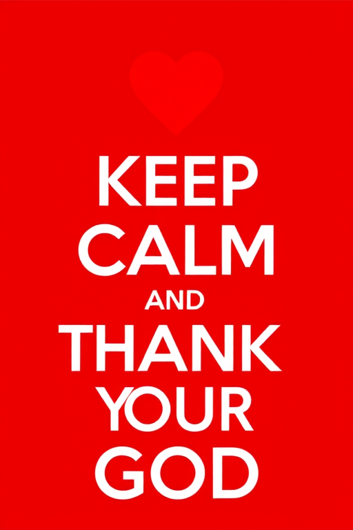 Create an image with a red background featuring large white text that says "KEEP CALM AND THANK GOD" with a bold red heart symbol above the number 1, captured with a DSLR camera, aperture f/2.8, ISO 100, 50mm lens, natural lighting, centered composition.