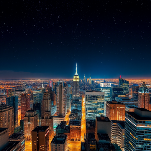 high-angle view of a city skyline at night with illuminated buildings and starry sky, HDR photography, f/8 aperture, ISO 100, 24mm lens, DSLR camera, long exposure to capture light trails