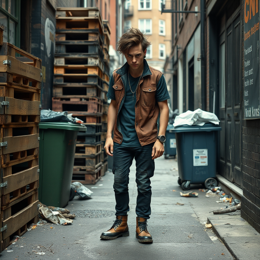 generate an ultra-realistic, highly detailed photograph of a punk. he's standing still, looking menacingly at the camera. he's in a narrow, dirty London street. there are wooden crates stacked up. overflowing rubbish bins, rubbish on the ground.