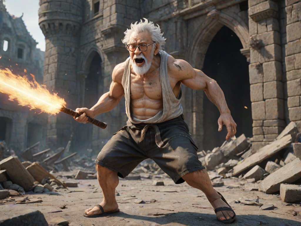 Cartoon 3D High-Resolution,dynamic battle scene using Unreal Engine 5 and Octane Render. The scene features back of an elderly, thai man with a beard,messy hair and round golden-rimmed glasses. He is wearing a tattered tank top with soot marks, shorts, and sandals. sweating. he wields a baseball bat. He jump to fight with a white fire-breathing Europe dragon amidst a partially destroyed stone castle. Include intense flames, smoke, and debris to enhance the dramatic effect.