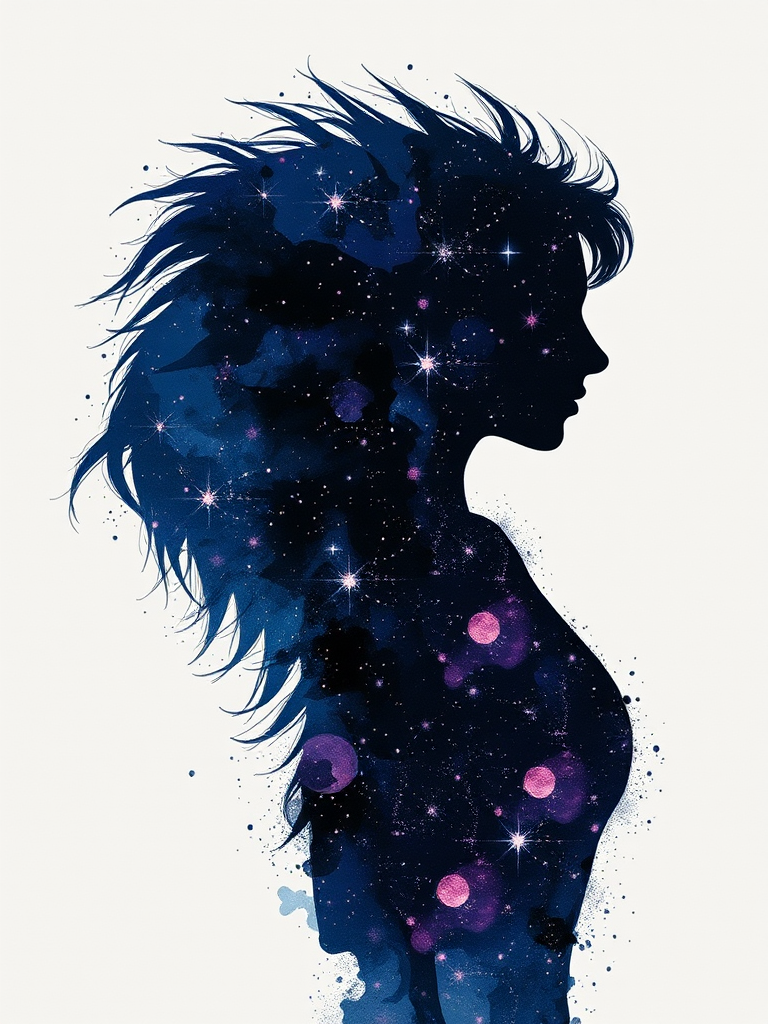Captivating conceptual render alcohol ink art, double exposure, the paint strokes artfully merge combining a woman's full silhouette with a Xenial xenops's silhouette. The figures are composed of a series of colored dots, lines & spots that evoke the image of a cosmic galaxy, colors are deep shades of blue purple & black with flashes of white & silver representing distant stars. The woman's silhouette is formed within the lion's silhouette from constellations of scattered stars, surreal