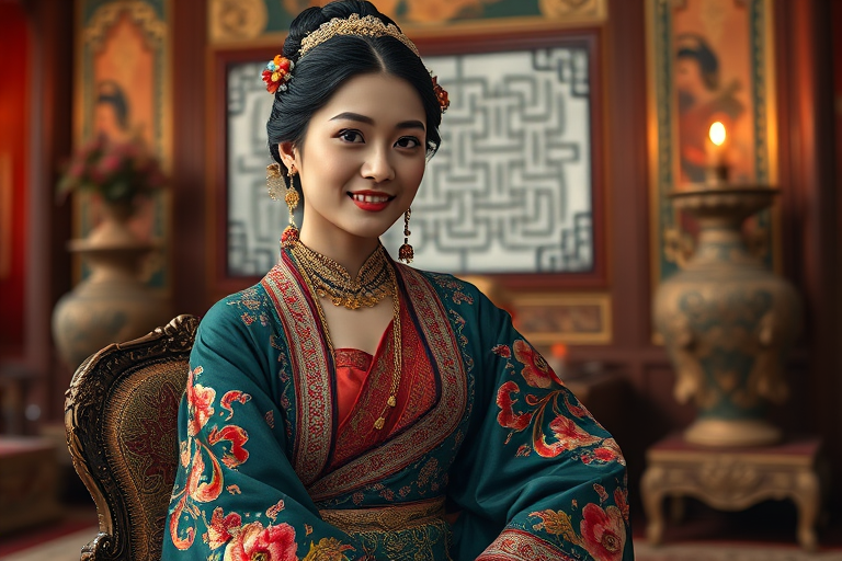 A beautiful Turkmen woman in traditional East Asian attire, intricately detailed with embroidered patterns, sitting gracefully in a richly decorated room, soft ambient lighting, serene and elegant, ultra-realistic, 8K resolution