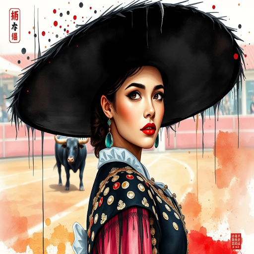 chinese watercolor illustration digital art ink, splash art, dripping paint bold colors mid shot female spanish matador wearing a black matador hat and costume, bull in the distance background
