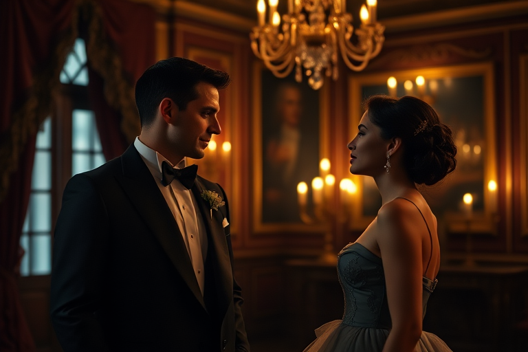 regenerate the image of a dimly lit opulent Victorian-style room with a man in a tuxedo and a woman in an elegant dress, engaging in conversation, soft candlelight illuminating their faces, shot with a Canon EOS R5 at f/1.4, 50mm lens, ISO 200, natural light, and a cinematic depth of field for enhanced focus on the subjects.